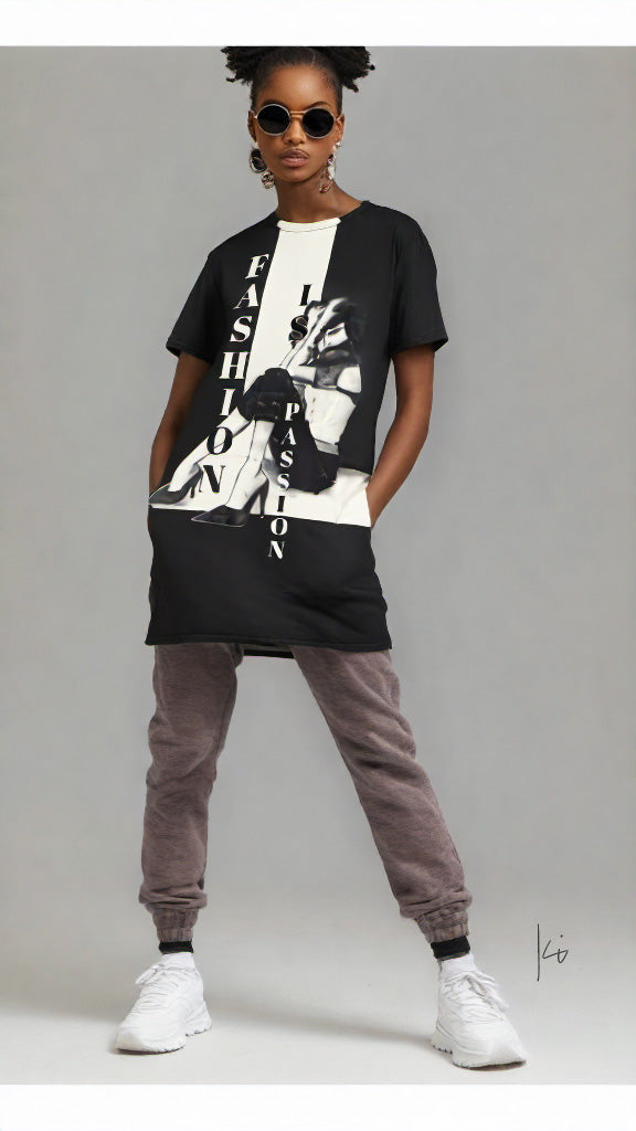 Fashion is Passion - Black and White - Allover printed - T-Shirt-Kleid